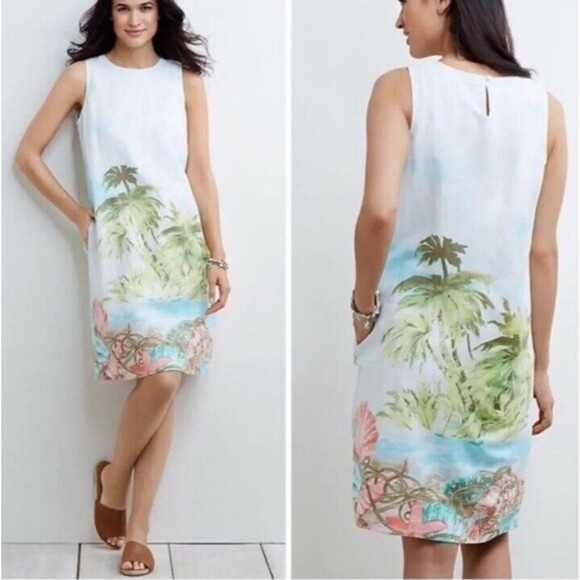 J. Jill Love Linen Dress Womens Large Palm Tree Sleeveless Pockets Tropical - Picture 2 of 8